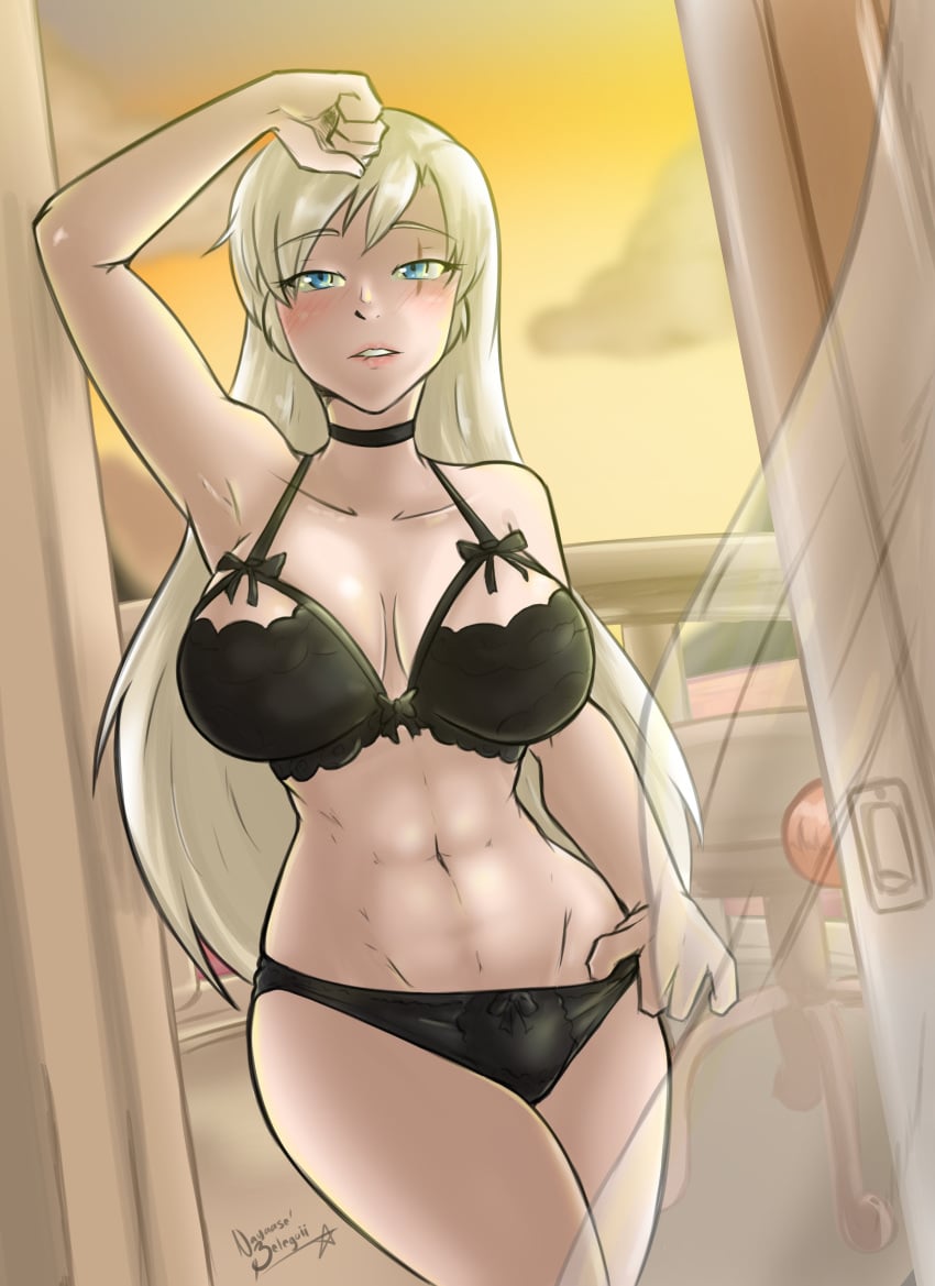 armpits big_breasts biting_lip black_lingerie blue_eyes breasts defined_muscles large_breasts light_background long_hair nayaase_beleguii pinup rwby scar sunset weiss_schnee white_hair