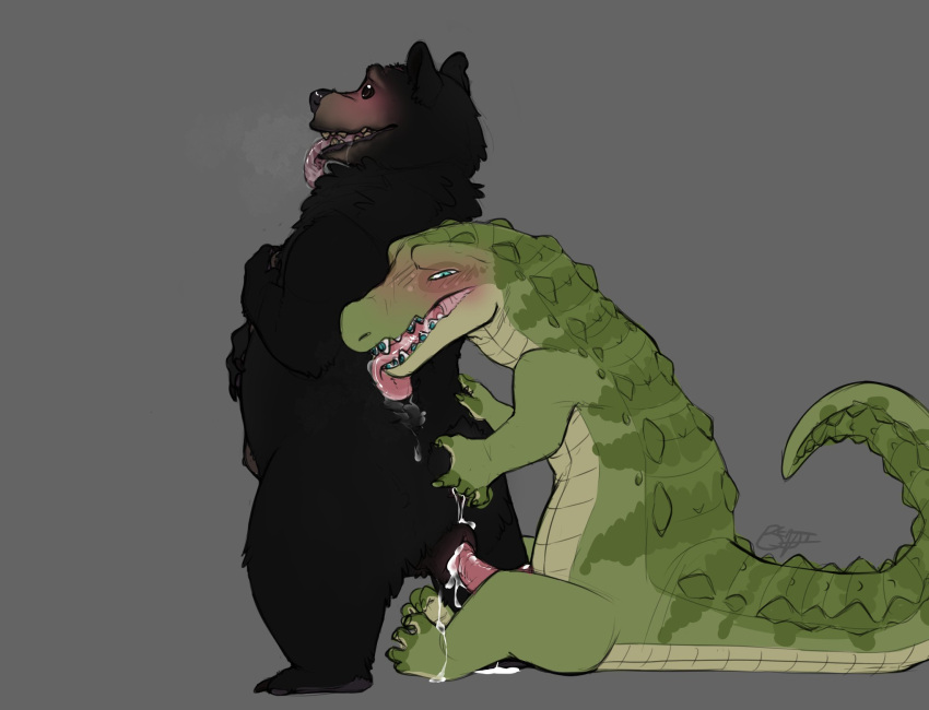 alligator alligatorid ambiguous_gender anal anal_fingering bear bedroom_eyes benji_(artist) benji_alligator_(benji) benji_bear_(benji) black_bear blush bodily_fluids braces crocodilian cum cum_in_ass cum_in_pussy cum_inside cuntboy drooling duo fingering genital_fluids hi_res intersex intersex/male licking_back male mammal narrowed_eyes nipple_fetish nipple_play reptile saliva scalie scrunched_toes seductive semi-anthro tongue tongue_out ursine vaginal_penetration