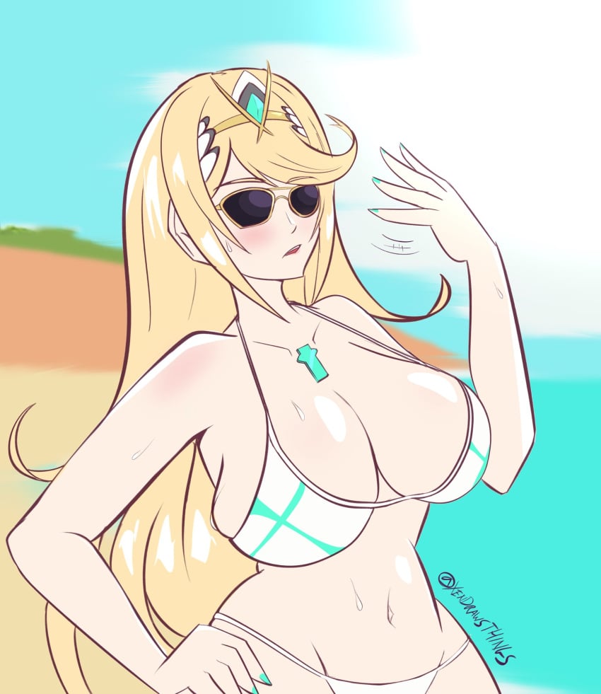 beach blonde_hair breasts core_crystal fanning_self female female_only mythra nintendo shades solo solo_female sunglasses sweat swimsuit tagme xendrawsseggs xendrawsthings xenoblade_(series) xenoblade_chronicles_2