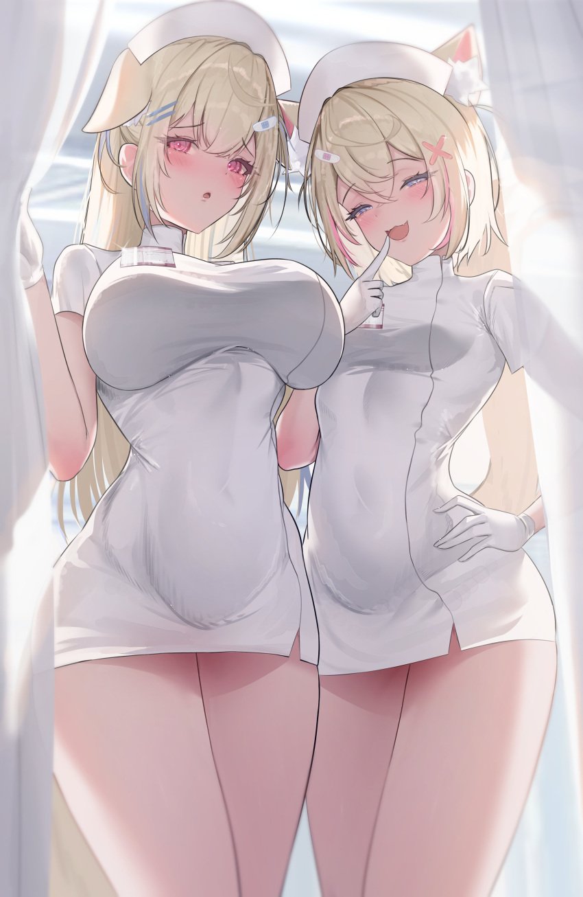 2girls :3 :3d animal_ears blonde_hair blue_eyes breast_size_difference breasts female fuwamoco fuwawa_abyssgard gloves hololive hololive_english hololive_english_-advent- huge_breasts kemonomimi light-skinned_female light_skin long_hair medium_breasts mococo_abyssgard naughty_face nurse nurse_cap nurse_outfit nurse_uniform pink_eyes prab short_hair sisters thick_thighs virtual_youtuber