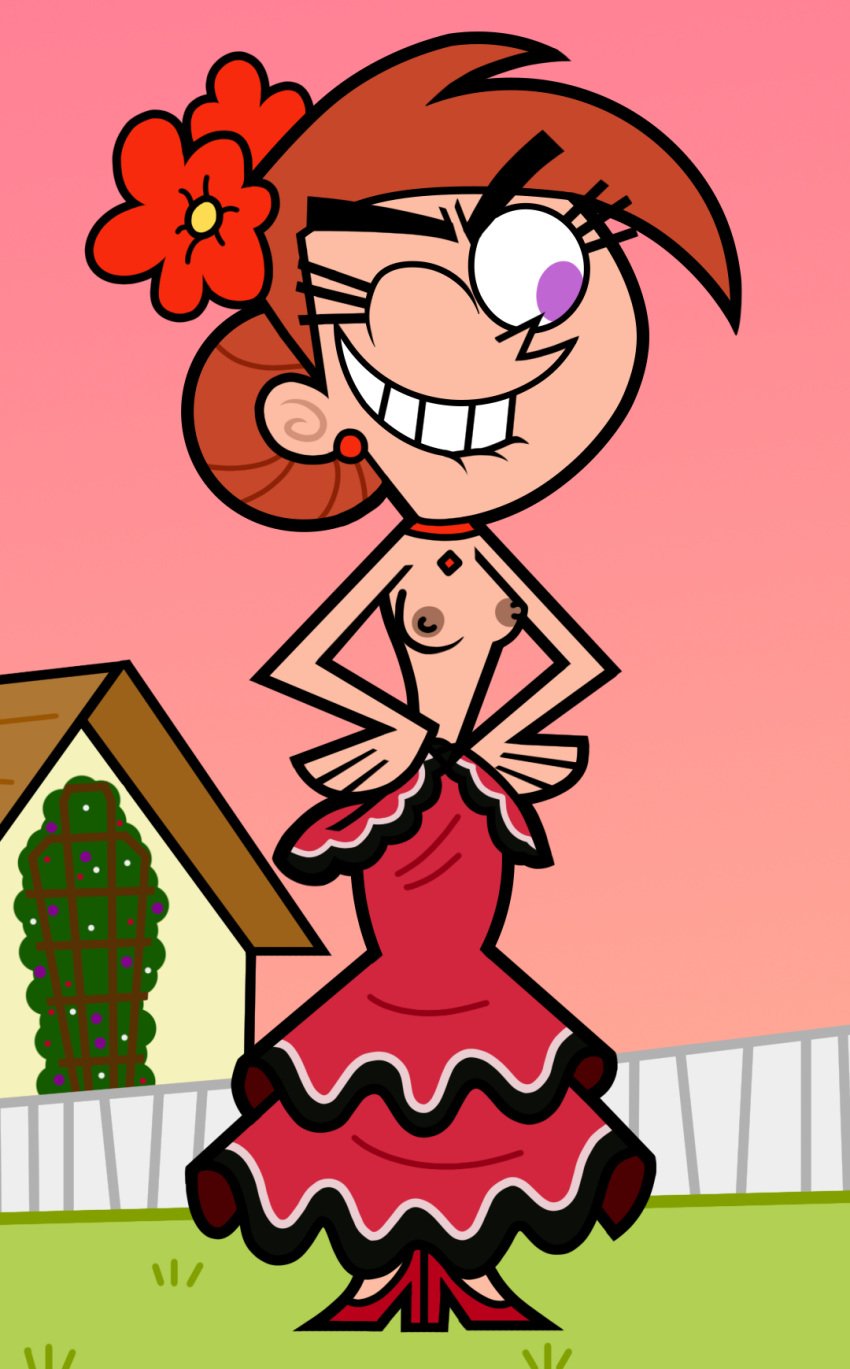 1girls 2023 2d 2d_(artwork) accurate_art_style areola areolae biting_lip breasts collar color colored dress dress_pulled_down ear_piercing earrings exposed_breasts eyebrows eyelashes flamenco flower flower_in_hair hair hair_ornament hairbun hands_on_hips high_heels j_d_ nickelodeon nicktoons nipples no_bra no_sex orange_hair outdoors outside purple_eyes red_dress self_upload shoes teeth the_fairly_oddparents tied_hair vicky_(fairly_odd_parents) white_sclera wink winking