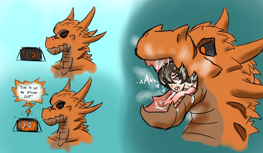 black_sclera bodily_fluids breath brown_body brown_hair checking_time clock dragon drooling female hair heart hi_res horn human in_mouth ingestion male male/female mammal oral_only saliva saliva_string serth spikes steaming stripes text time_lapse timer tongue vore