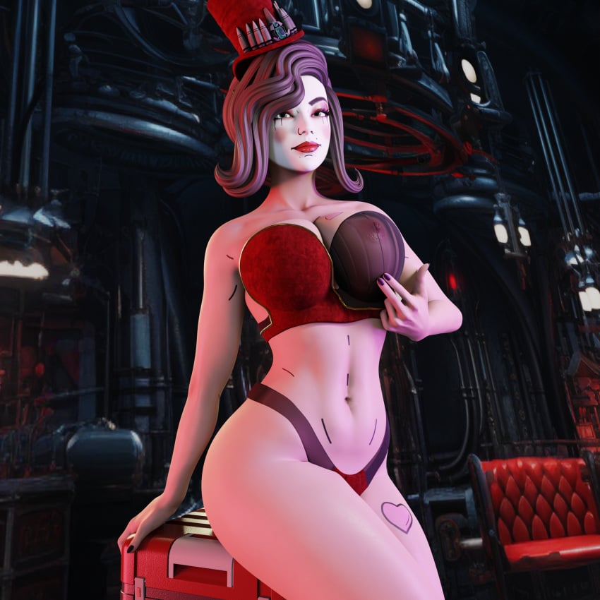 1girls 3d 3d_model big_breasts bikini borderlands female female_only hat mad_moxxi makeup qb_works tattoo