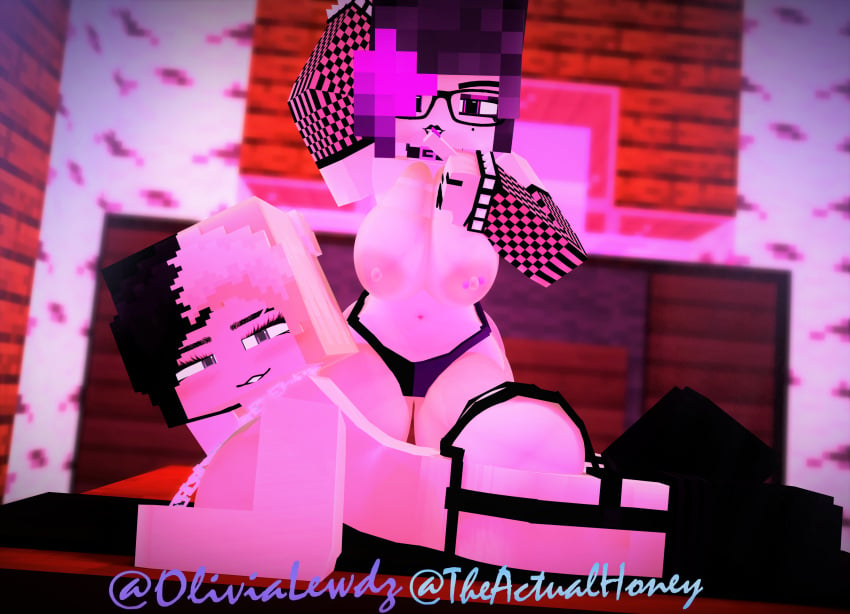 2girls 3d artist_name artist_signature bedroom big_ass big_breasts big_butt chained gray_eyes honey_(tah) horny_female humanoid mine-imator minecraft multicolored_hair olivia_(olivialewdz) on_bed outside tagme theactualhoney watermark