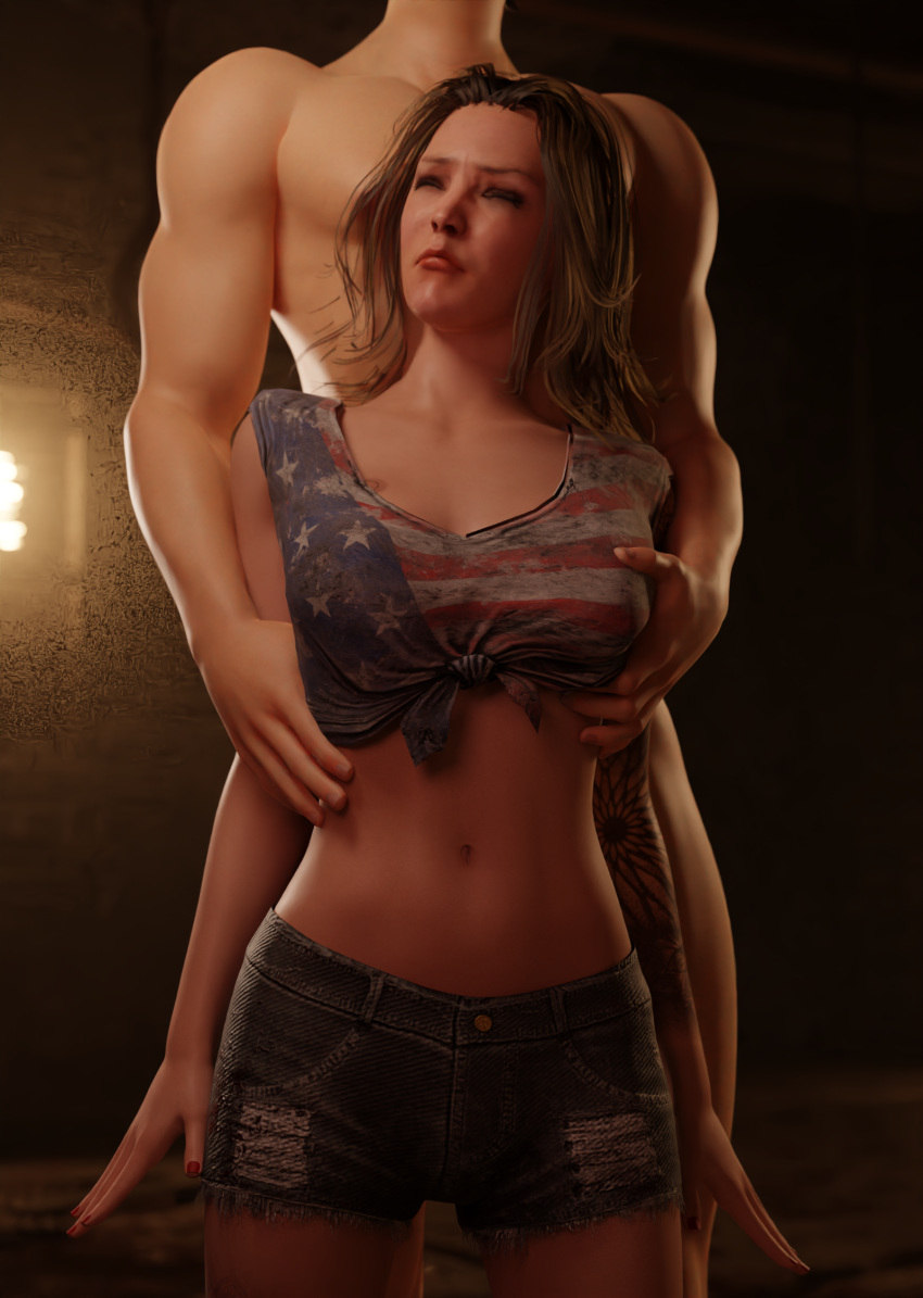 3d arms_down belly belly_button blonde_hair closed_eyes dbd dead_by_daylight disgusted female groping groping_breasts groping_from_behind kate_denson nude_male nude_male_clothed_female saltyu shorts tattooed_arm tattoos tied_top touching_breast