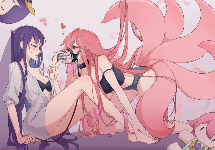 2girls animal_ears annoyed barefoot black_bra blush bra breasts cleavage closed_mouth collar crop_top fox_ears fox_girl fox_tail from_side full_body genshin_impact hair_between_eyes hand_on_another's_foot heart highres holding holding_another's_wrist holding_leash leash legs long_hair looking_at_another lusfseeds medium_breasts mole mole_under_eye multiple_girls multiple_tails muzzle nail_polish petplay pink_hair pink_nails purple_eyes purple_hair purple_nails raiden_shogun short_shorts shorts sidelocks sitting sweatdrop tail toenails toes underwear v-shaped_eyebrows very_long_hair yae_miko yuri