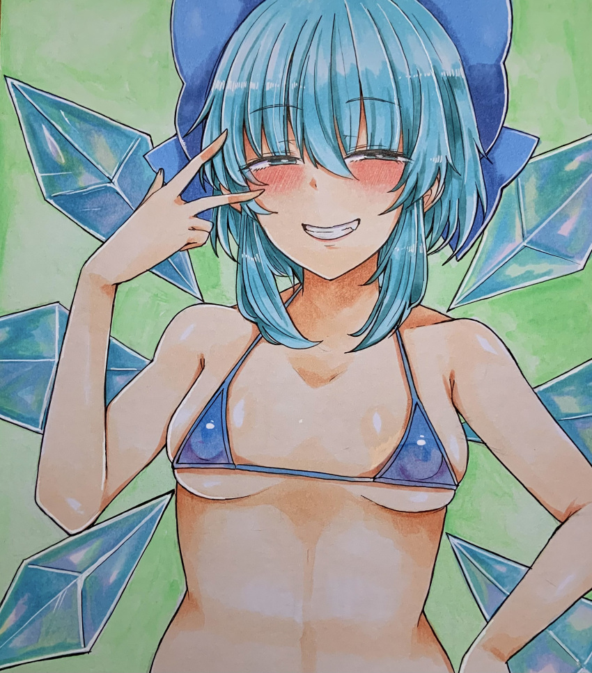 1girls blush cheeky cirno female female_only grin medium_breasts micro_bikini smile solo touhou v washiwa