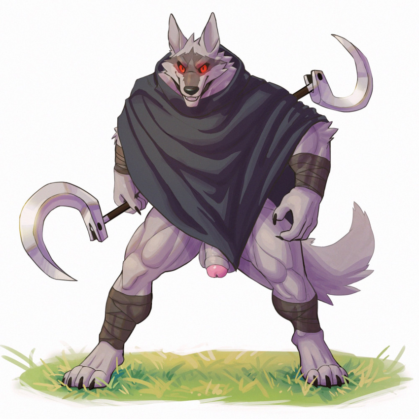 1boy 2023 angry_eyes anthro anthro_only balls bandage bandaged_arm bandaged_leg barazoku barefoot black_claws black_nose black_sclera canid canine canis cape claws clothing death_(puss_in_boots) detailed dreamworks fangs feet flaccid fluffy fluffy_tail foreskin fur genitals glowing glowing_eyes grass grey_body grey_ears grey_fur grey_tail happy hi_res holding_object holding_weapon humanoid_genitalia humanoid_penis long_tail looking_at_viewer male male_only mammal mostly_nude mostly_nude_anthro mostly_nude_male multicolored_body multicolored_fur muscular muscular_anthro muscular_male peapeafur penis plant portrait pose presenting presenting_balls presenting_penis puss_in_boots_(dreamworks) puss_in_boots_the_last_wish red_eyes shadow sharp_claws sharp_teeth simple_background smile smiling_at_viewer solo spread_legs spreading standing tail teeth thick_thighs two_tone_body two_tone_fur vein veiny_penis weapon white_background wolf