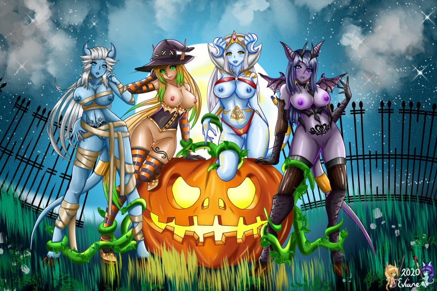 4girls barbell_piercing big_breasts blizzard_entertainment blonde_hair blood_elf blue_skin draenei eviane_(eviane) exarch_uriel halloween light-skinned_female light_skin lightforged_draenei lylly multiple_girls nipple_piercing original_character pubic_tattoo purple_hair purple_skin pyrista tattoo warcraft white_hair world_of_warcraft