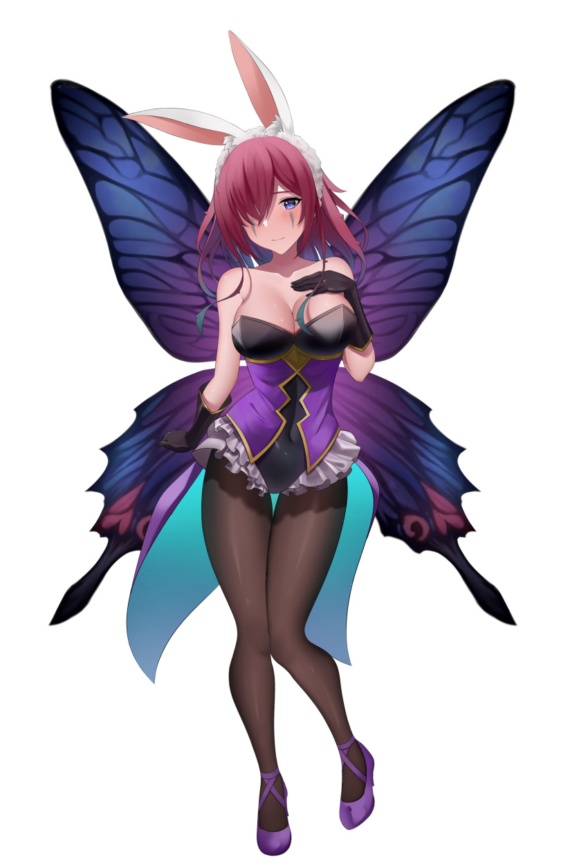 1girls absurdres alternate_costume animal_hood bare_shoulders black_pantyhose blue_eyes breasts bunny_ears bunny_girl bunnysuit camilla_(fire_emblem) camilla_(fire_emblem)_(cosplay) camilla_(spring)_(fire_emblem) commission cosplay croenji facial_mark facing_viewer fairy fairy_wings female female_only fire_emblem fire_emblem_heroes hair_over_one_eye high_heels highres hood large_breasts looking_at_viewer maroon_hair nintendo pantyhose playboy_bunny pumps purple_hair rabbit_hood red_hair second-party_source solo triandra_(fire_emblem) white_background wings