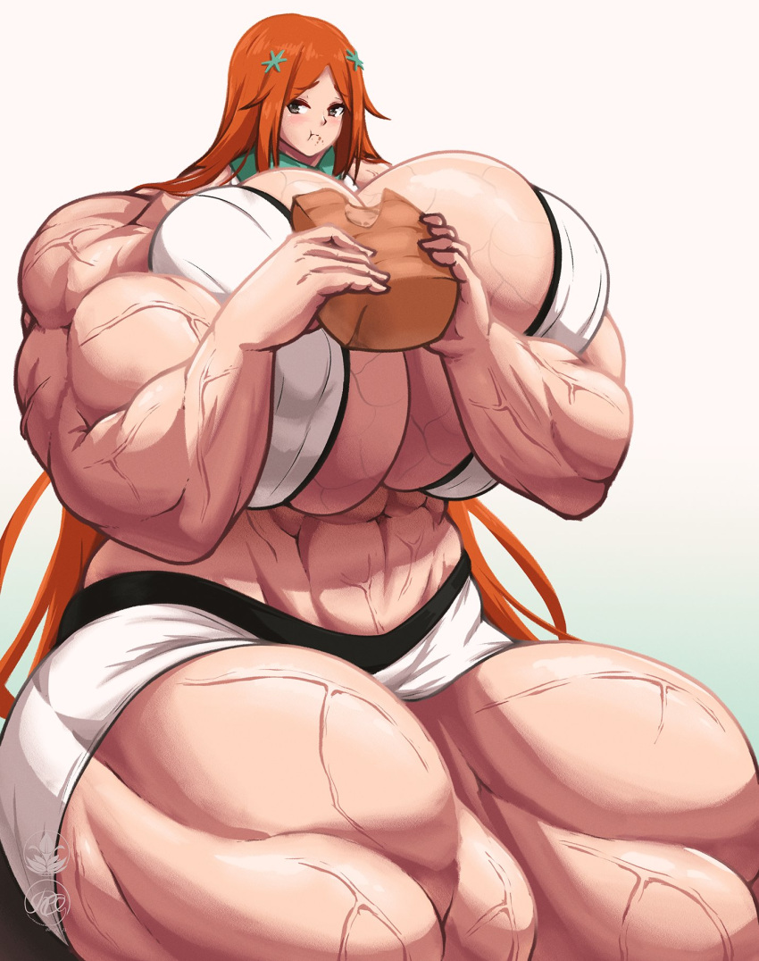 abs bleach bread eating extreme_muscles gigantic_breasts inoue_orihime muscular_female roneesan thick_thighs veiny_muscles