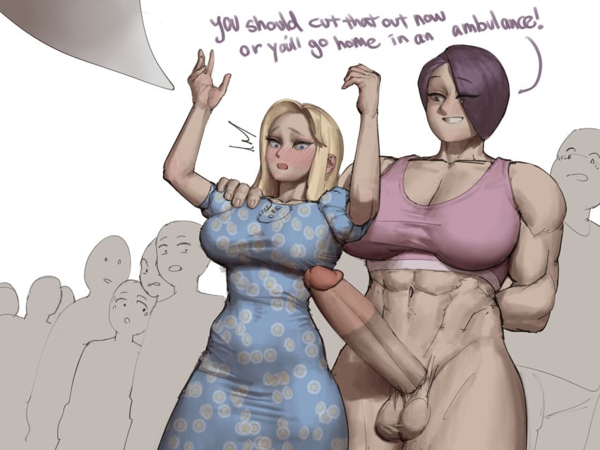 1futa 1girls big_boobs big_breasts big_cock big_muscles big_penis blonde_hair blonde_hair_female blush blush_lines blushing circumcised circumcised_futa circumcision_scar comic dialogue dickgirl english erection functionally_nude futanari hair_over_one_eye half-dressed half-naked hand_on_shoulder imminent_rape looking_nervous nervous_expression nervous_female original_character part_2 sports_bra surprised surprised_face surprised_look text uncensored