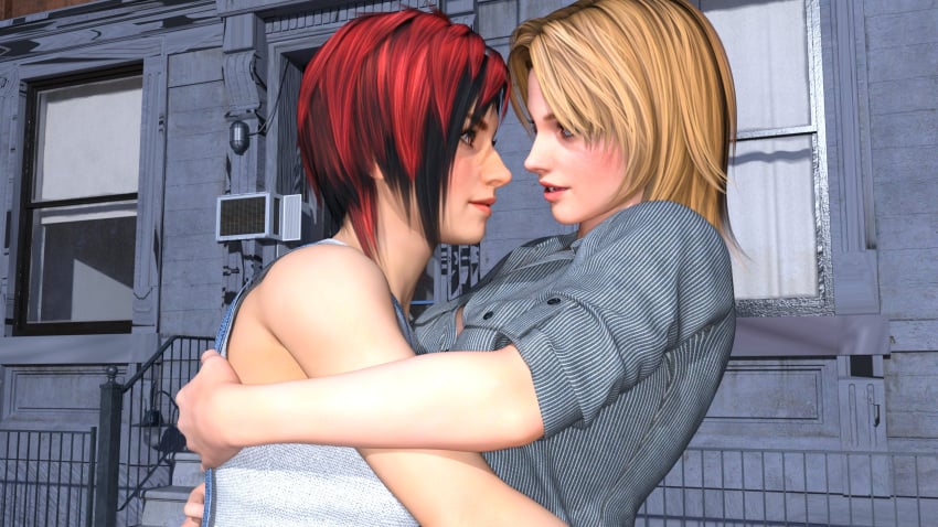 3d about_to_kiss blonde_hair blue_eyes brown_eyes dead_or_alive embrace mila_(doa) red_hair staring_into_eyes tina_armstrong yuri