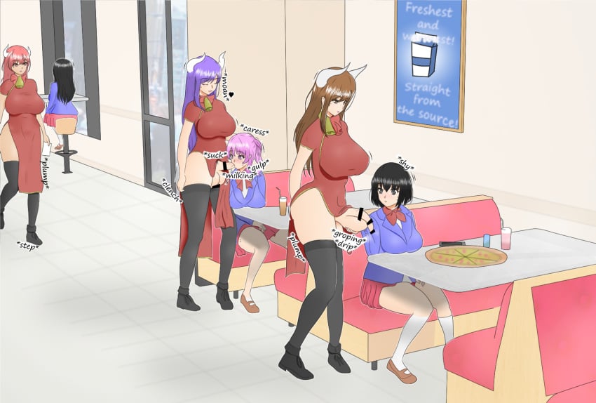 ball_fondling brown_hair censored chinese_clothes cow_horns cowbell dialogue dickgirl futa_on_female futanari gynomorph intersex large_balls large_penis long_hair moaning oral_sex pink_hair purple_hair red_hair restaurant school_uniform short_hair twintails yagamiputo