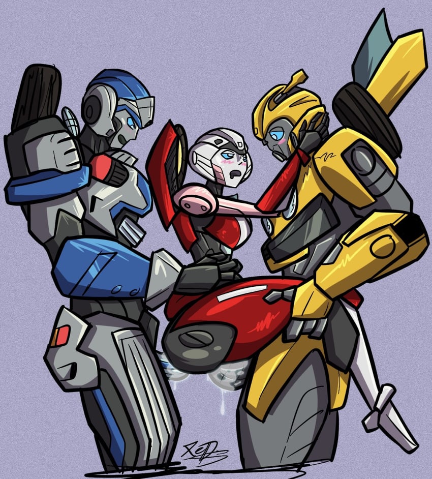 1girls 2boys anal arcee arcee_(rotb) autobot bumblebee_(transformers) double_penetration female_autobots lifted_by_another living_machine loving_it mirage_(transformers) mmf_threesome overload pussy_juice robot robot_boy robot_girl sex straight suspended_congress threesome transformers transformers_rise_of_the_beasts vaginal_penetration xedtome