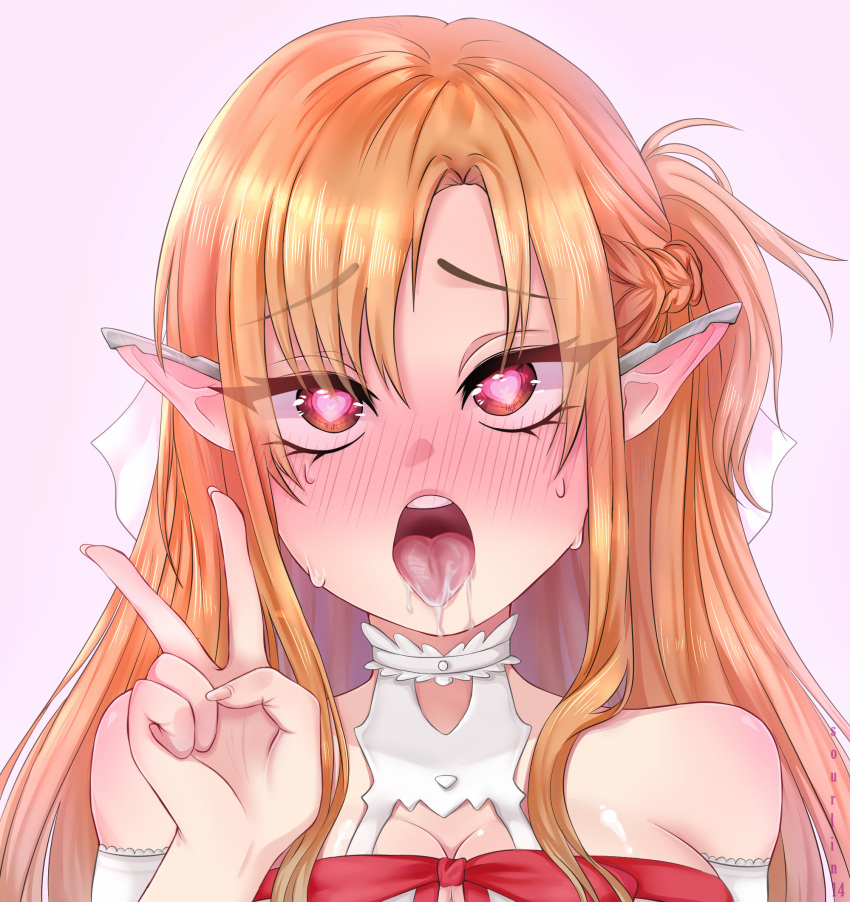 1girls ahe_gao blush cum_in_mouth elf_ears heart-shaped_pupils horny_female peace_sign pfp profile_picture saliva_drip solo_female sourlin14 sweat sword_art_online titania_(sao) yuuki_asuna