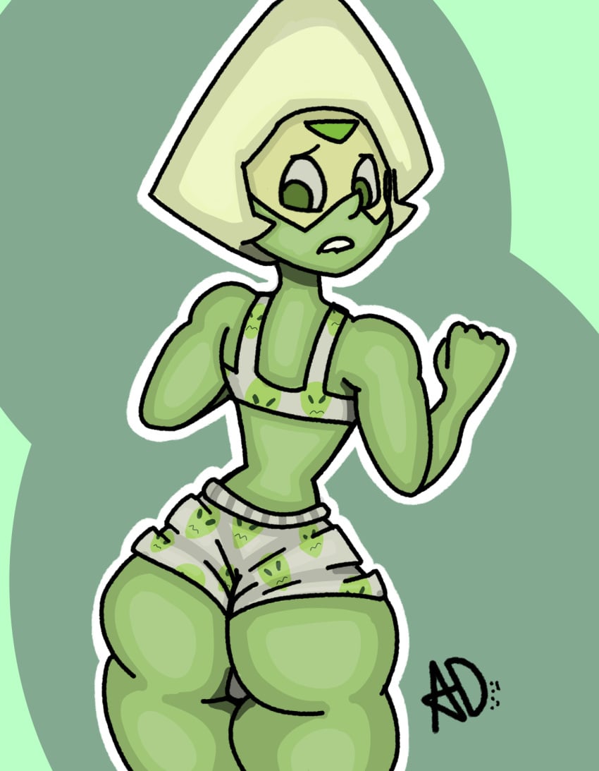 1girls artemisadraw ass ass_focus boxers bra cartoon_network clothed female gem_(species) green_background green_body green_skin peridot_(steven_universe) steven_universe