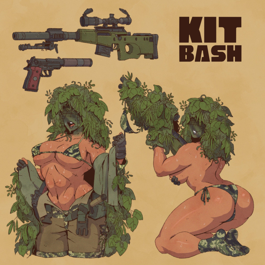 abs bikini breasts camouflage dark_skin english_text facepaint female fingerless_gloves ghillie_suit gloves green_lips gun handgun hat_legs highres jacket knife large_breasts legshat looking_back mole no_eyes open_clothes open_jacket original rifle sniper_rifle socks suppressor swimsuit toned undressing weapon yellow_background