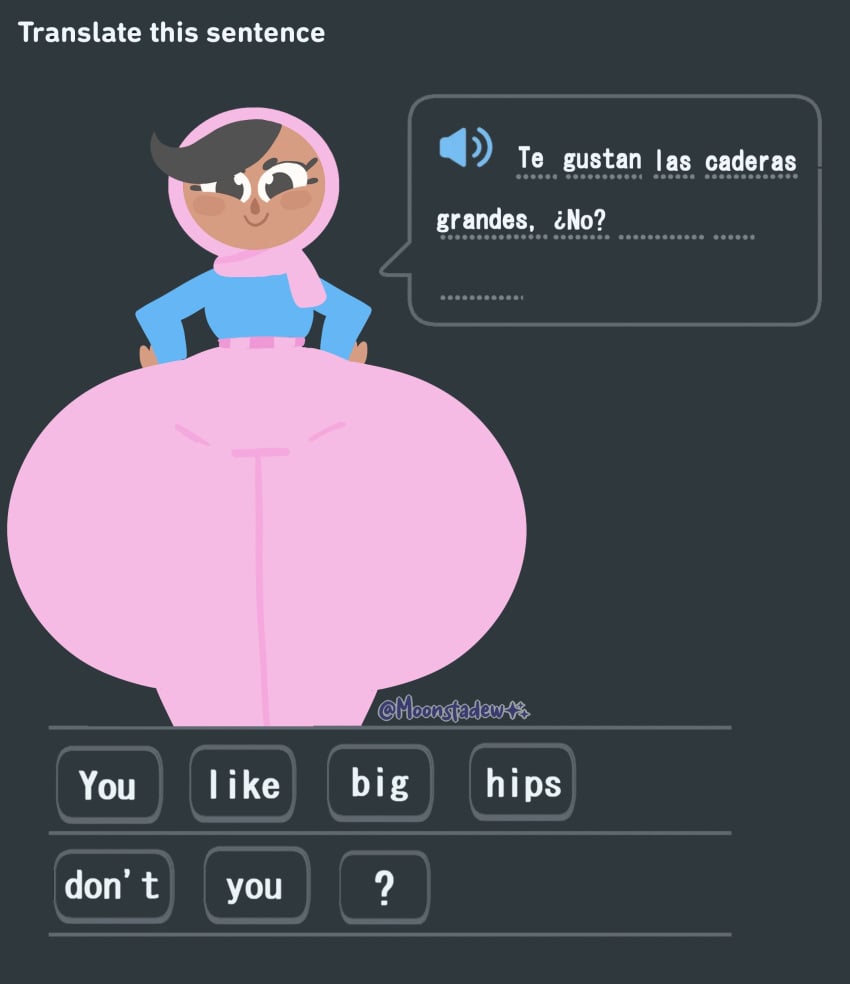 1girls 2d ass_body black_eyes black_hair bottom_heavy clothed clothing dark-skinned_female dark_skin duolingo english_text eyelashes female fully_clothed huge_ass huge_thighs hyper hyper_ass hyper_thighs kink_shaming looking_at_viewer moonraige moonstadew no_outlines pov smug solo solo_female spanish_text text wide_hips zari_(duolingo)