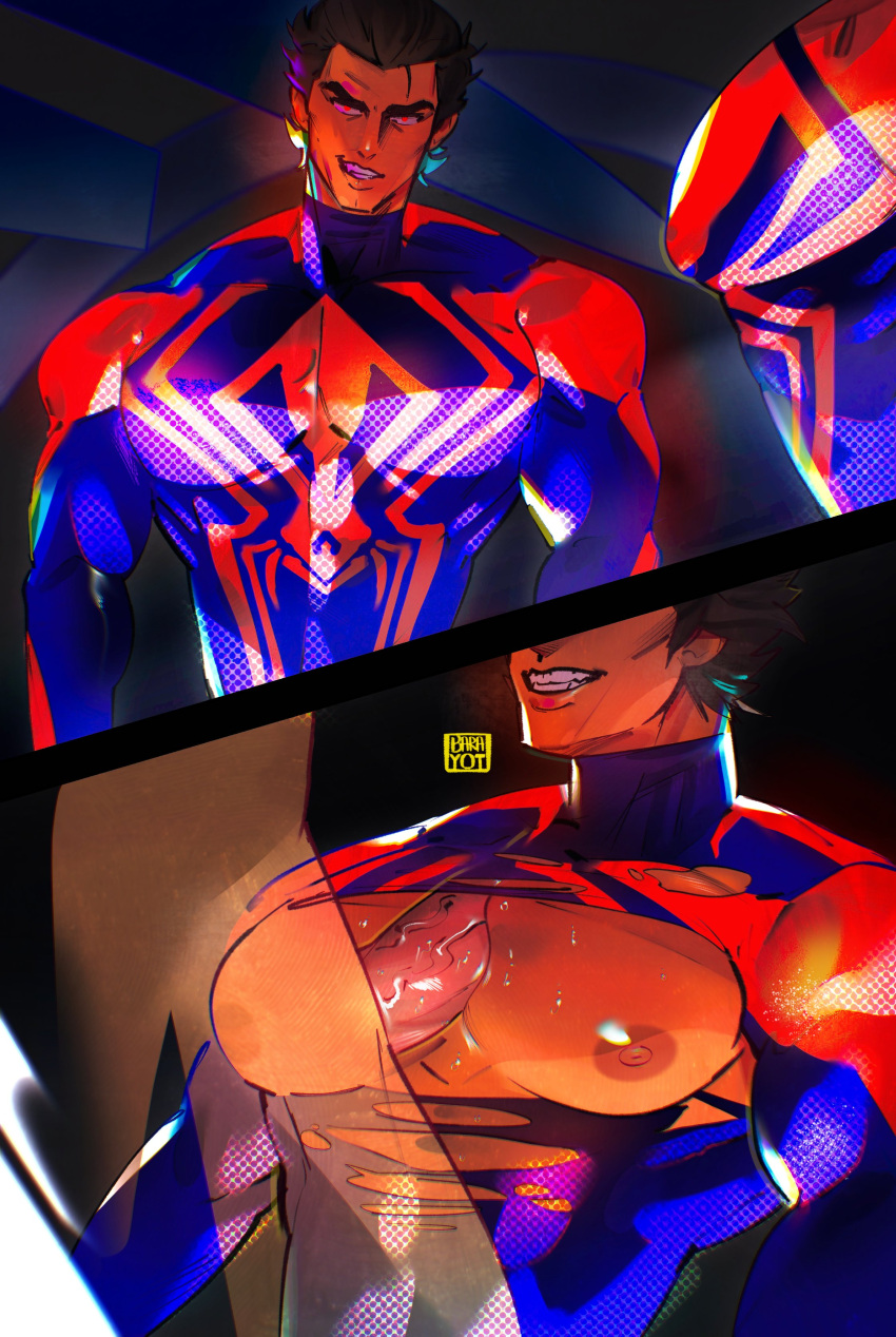 2boys absurdres animal_print bara bara_tiddies bara_tits barayot big_pecs blue_bodysuit bodysuit broad_shoulders brown_hair cheekbones dark-skinned_male dark_skin from_side gay gay_paizuri girthy_penis grin hair_slicked_back highres huge_pecs large_pectorals looking_at_viewer male_focus male_only male_paizuri manboobs marvel massive_pecs mature_male miguel_o'hara moobjob moobs multiple_boys muscular muscular_male nipples paizuri pecjob pecjob_under_clothes penis penis_between_pecs print_bodysuit profile red_bodysuit seductive_smile short_hair smile spider-man:_across_the_spider-verse spider-man_(2099) spider-man_(series) spider-verse spider_print superhero thick_eyebrows titfuck titjob two-tone_bodysuit upper_body yaoi