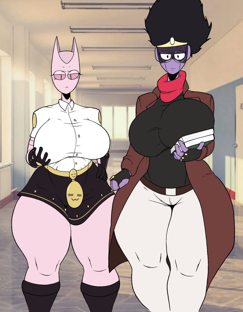 2girls belt big_breasts black_hair breast_grab breasts cat_humanoid diamond_is_unbreakable enormous_breasts female female_only gigantic_breasts huge_breasts jojo's_bizarre_adventure killer_queen pink_skin purple_skin rule_63 scarf school_uniform schoolgirl shounen_jump skirt stand_(jjba) star_platinum stardust_crusaders theimmortalguy thick thick_thighs thighs thunder_thighs voluptuous