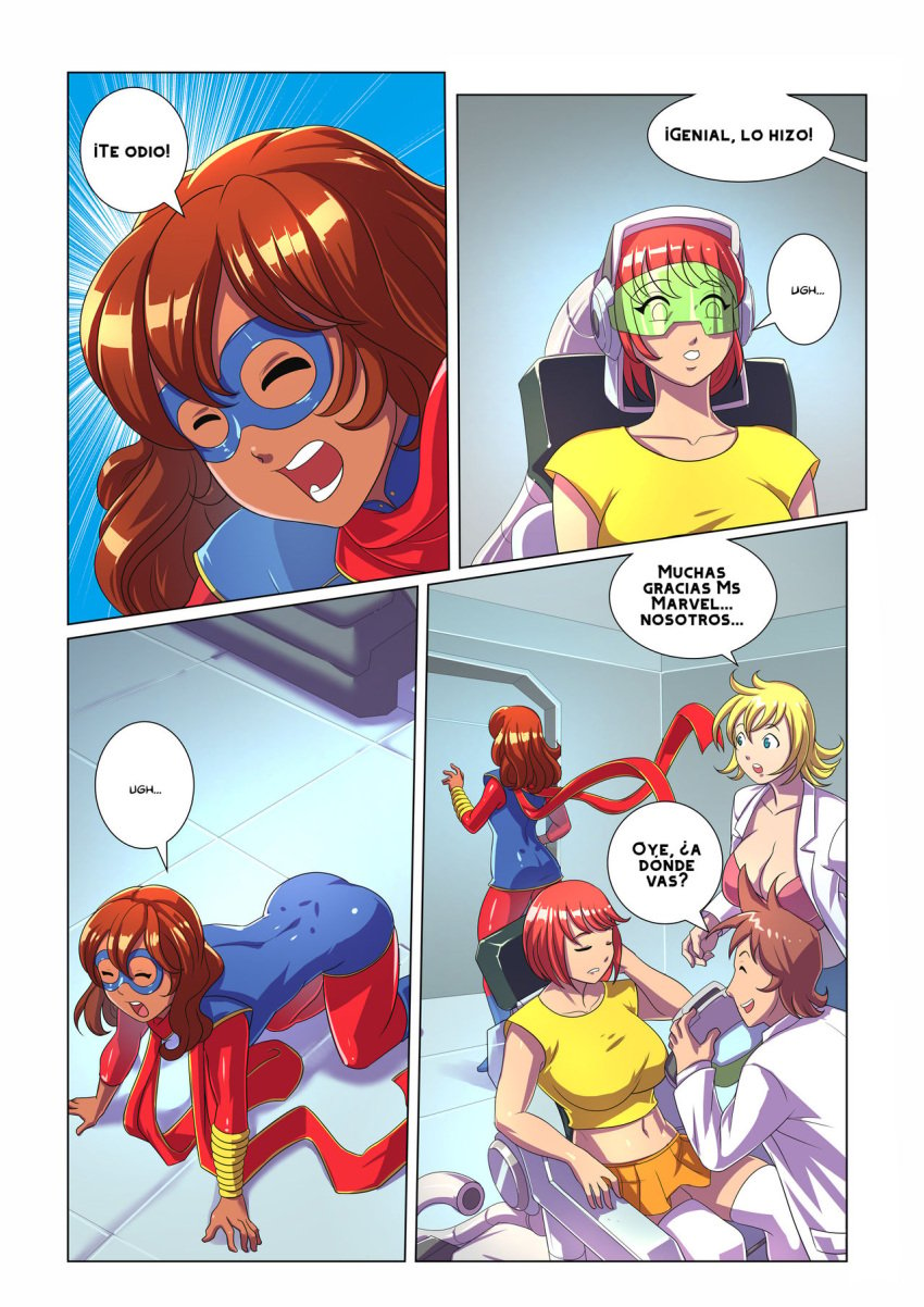 ! ... 2020 2boys 2girls 4_panel_comic 5:7 ? backwards bare_stomach blonde_hair blonde_hair_female blue_boots blue_dress bokuman boots brown_hair brown_hair_female brown_hair_male chair coat comic confused confused_face dark-skinned_female dark_skin door kamala_khan laboratory leaving light-skinned_male light_skin light_skinned_female long_brown_hair looking_aside looking_at_another marvel marvel_comics metal_chair ms._marvel muslim muslim_female older_female older_male on_all_fours open_coat open_door orange_skirt original_characters page_9 pakistani pakistani_female parody parody_porn pink_bottomwear red_dress red_hair red_hair_female sfw short_blonde_hair short_brown_hair short_hair short_hair_female short_hair_male short_red_hair sitting sitting_on_chair spanish_dialogue spanish_text speech_bubble superhero_costume superheroine tag_panic talking_to_another unseen_female_face waking_up white_coat yellow_shirt young younger_female