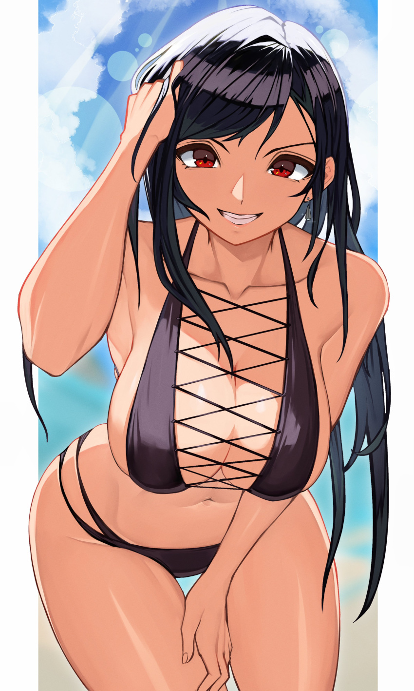 1girls bikini black_hair brown_eyes cleavage final_fantasy final_fantasy_vii hand_in_hair huge_breasts leaning_forward smile temoc tifa_lockhart voluptuous