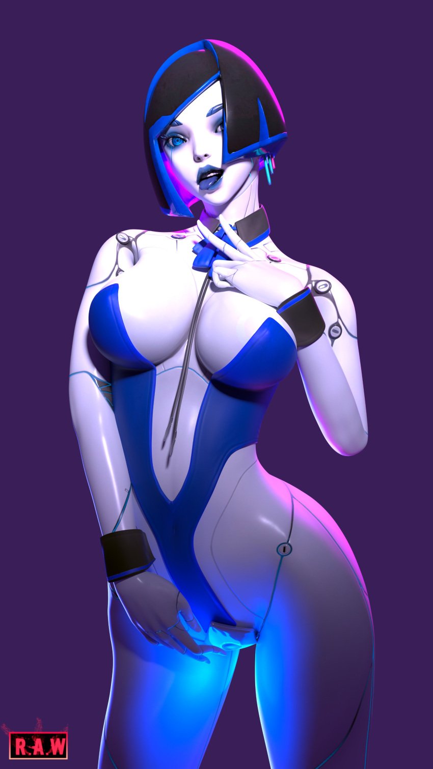 1girls 3d 3d_(artwork) big_lips bimbo bimbot black_hair blue_eyes bob_cut breasts demi_(subverse) hips large_breasts r.a.w_(artist) robot_girl simple_background subverse thick_thighs thighs tongue_out wide_hips