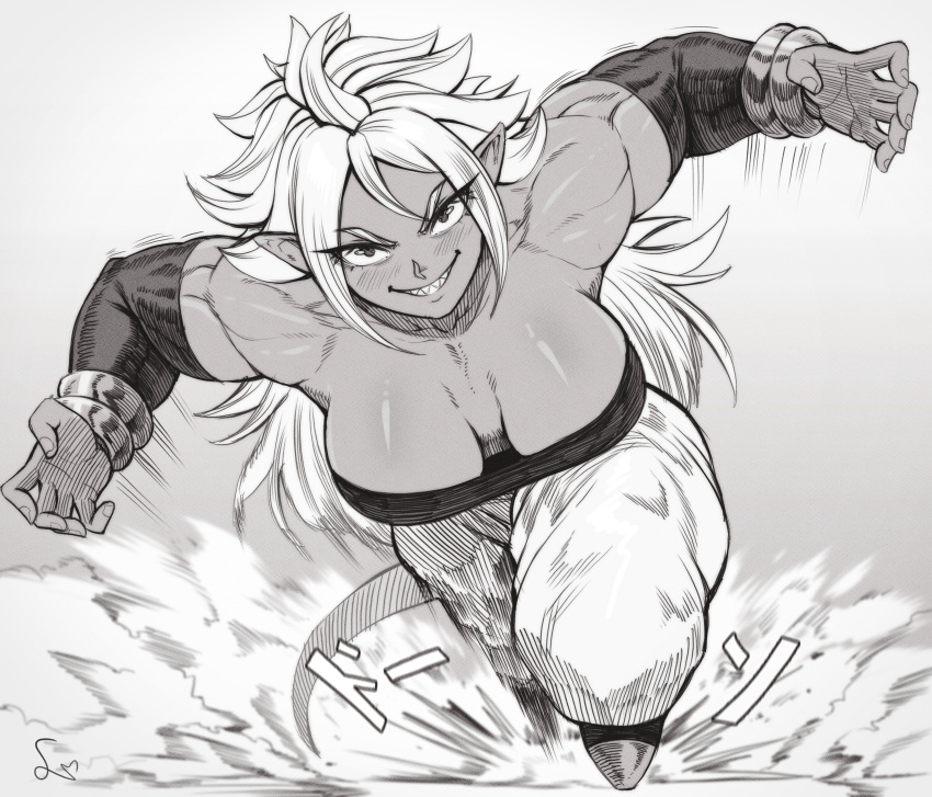 1girls absurd_res android_21 android_21_(good) arabian_clothes attack attacking_viewer breasts cleavage dragon_ball dragon_ball_fighterz dragon_ball_z greyscale harem_outfit hi_res incoming_attack jewelry large_breasts long_hair majin_android_21 monochrome muscular muscular_arms muscular_female onomatopoeia pointy_ears sharp_teeth signature smile smiling smiling_at_viewer speedl00ver spiked_hair spiky_hair tail