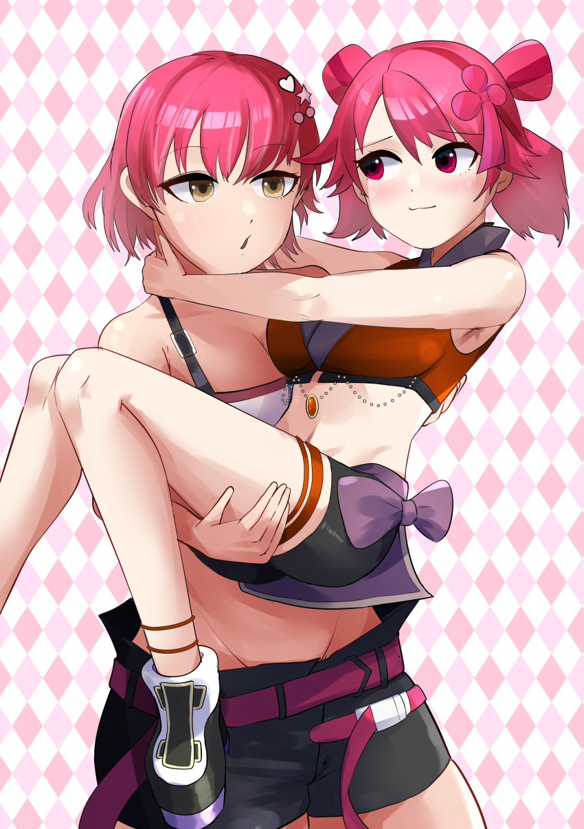 2girls actancyaga carrying duel_monster evil_twin_ki-sikil female ha-re_the_sword_mikanko japanese_clothes ki-sikil_(yu-gi-oh!) princess_carry red_hair yu-gi-oh! yuri