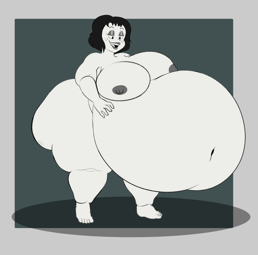 1girls ass ass bbw belly big_ass big_belly big_breasts black_hair breasts drawn_together fat female freckles huge_belly huge_breasts kennmatsuru morbidly_obese nipples obese overweight overweight_female solo solo_female ssbbw thick_thighs thunder_thighs toot_braunstein white_skin