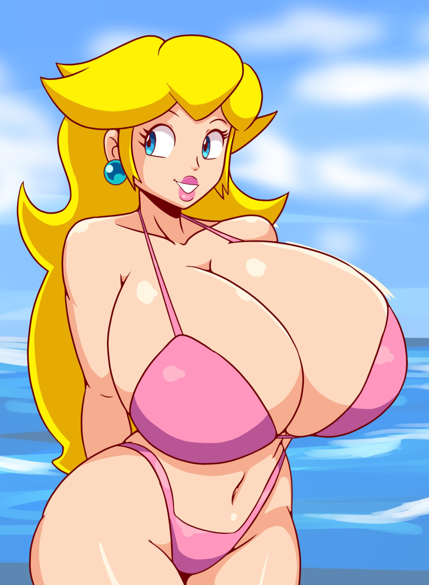 1girls 2023 arms_behind_back beach big_breasts big_thighs bikini bikini_bottom bikini_top blonde_hair blue_eyes breasts_bigger_than_head busty cleavage curvy earrings female female_only gigantic_breasts hands_behind_back huge_breasts iggy-bomb large_breasts lips lipstick long_hair mario_(series) nintendo ocean outdoors pink_bikini pink_lipstick princess_peach solo standing swimsuit thick thick_hips thick_thighs thong_bikini very_long_hair water wide_hips