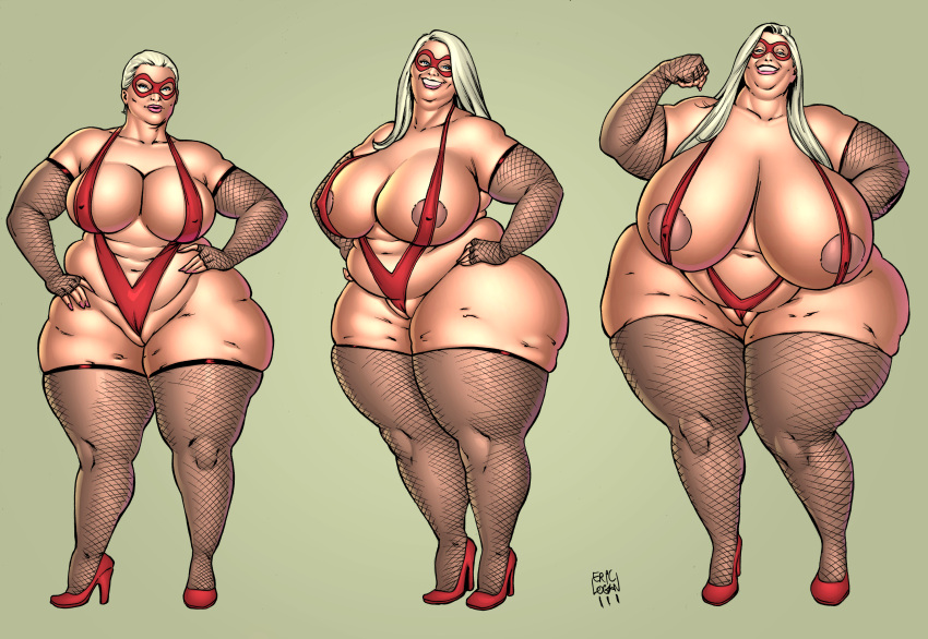 aureola blonde_hair eric_logan_iii huge_ass huge_breasts latex_sleeves light-skinned_female nipples obese obese_female overweight_female progression scarlet_lady superheroine superheroinecomixxx tagme