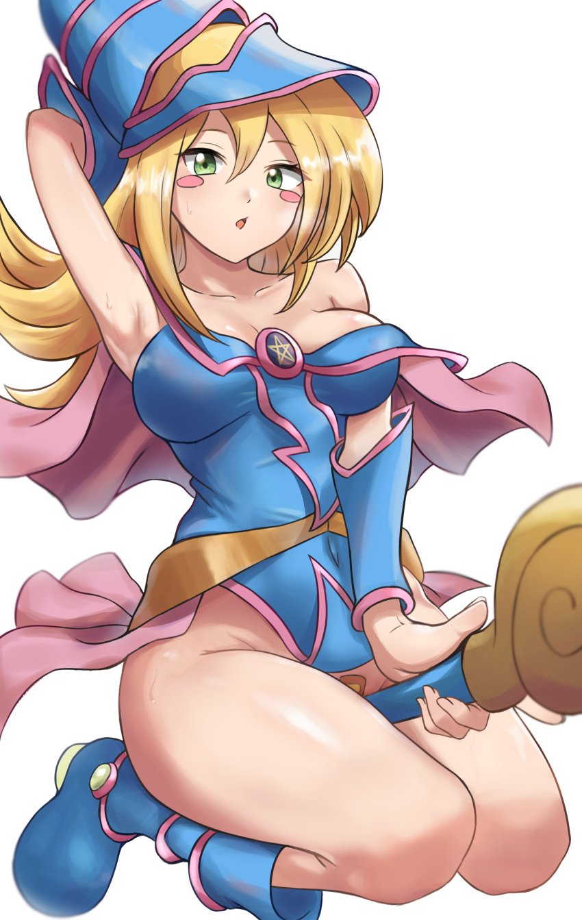 1girl 1girls armpit armpits belly_button_visible_through_clothing boots breasts dark_magician_girl duel_monster female female_only hat long_hair looking_at_viewer medium_breasts pussy_pasty sweat sweating unnunal_(unneonal) yu-gi-oh!