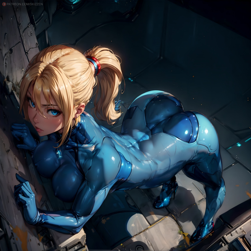 1girls against_wall ai_generated ass bending_forward bending_over blonde_hair blue_bodysuit blue_eyes bodysuit breasts from_above inviting_to_sex looking_at_viewer metroid ponytail samus_aran skin_tight skizzen standing