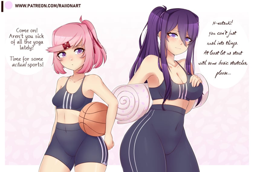 2girls big_breasts breasts doki_doki_literature_club female female_only leggings medium_support_(meme) multiple_girls natsuki_(doki_doki_literature_club) pink_hair purple_eyes purple_hair raionart shorts sports_bra sportswear text tight_clothing tight_fit tight_leggings tight_pants yuri_(doki_doki_literature_club)