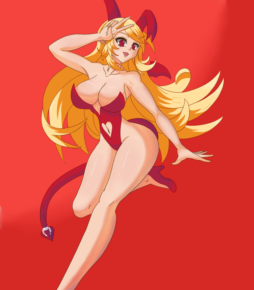 1girls armpits big_breasts blonde_hair breasts disgaea disgaea_1 female flonne flonne_(fallen_angel) heart-shaped_tail large_breasts mechacat9000 navel navel_cutout nippon_ichi_software open_mouth red_eyes solo thick_thighs thighs wide_hips