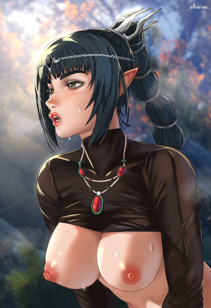 1girls baldur's_gate baldur's_gate_3 black_hair bra dungeons_and_dragons elf forgotten_realms green_eyes jewelry large_breasts no pointy_ears shadowheart shirt_lift topless ultrabinou watermark