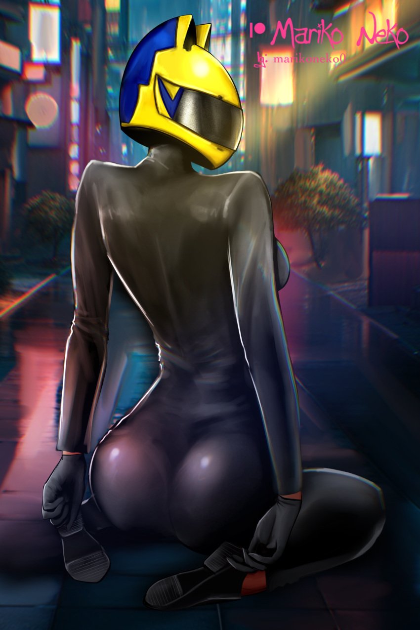 1girls back celty_sturluson durarara!! female female_focus female_only helmet latex_suit marikoneko marikoneko0 suit