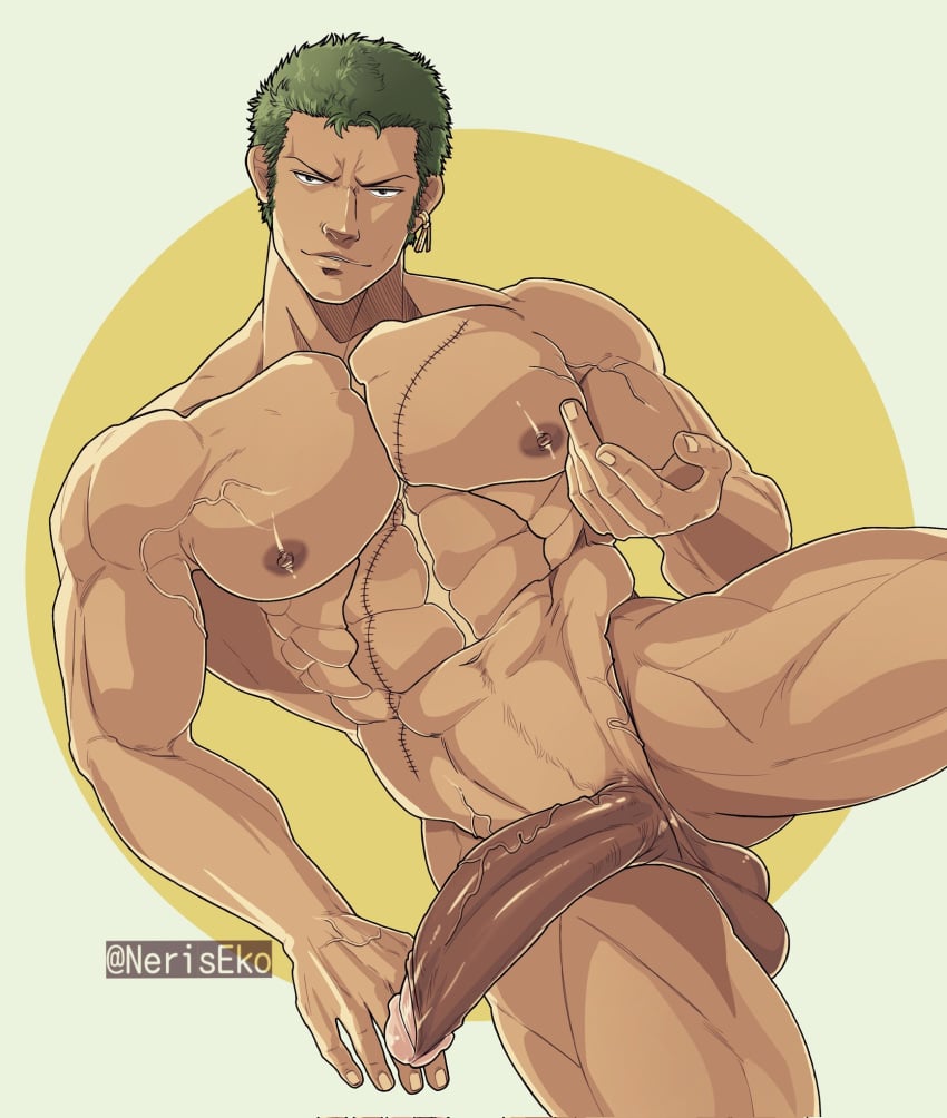 1boy abs alternate_pectoral_size bara barazoku come_hither feet_out_of_frame gay girthy_penis green_hair half-erect highres large_pectorals large_penis looking_at_viewer male_focus male_only muscular muscular_male navel neriseko nipples one_piece pectorals penis roronoa_zoro seductive_smile short_hair sideburns smile solo stomach thick_thighs thighs