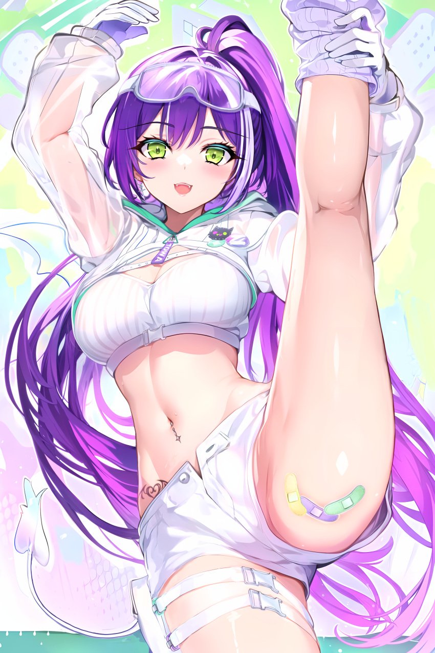 1girls 2023 absurdres ai_generated arms_up ass bandaid bandaid_on_thigh bare_legs breasts cleavage cowboy_shot crop_top demon_tail fangs female gloves green_eyes highres hololive kneehighs large_breasts leg_lift leg_up long_hair long_sleeves looking_at_viewer midriff multicolored_hair navel navel_piercing official_alternate_costume open_fly open_mouth piercing ponytail purple_hair ribbed_shirt see-through see-through_sleeves shirt short_shorts shorts shrug_(clothing) smile socks solo split splits standing standing_on_one_leg standing_split stomach stomach_tattoo streaked_hair sugiki tail tattoo thigh_strap thighs tokoyami_towa tokoyami_towa_(5th_costume) vertical_splits very_long_hair virtual_youtuber white_gloves white_hair white_shirt white_shorts white_socks