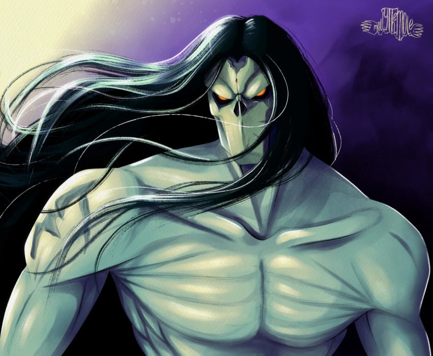 1boy black_hair broad_shoulders collarbone darksiders darksiders_2 death_(darksiders) fit fit_male flowing_hair front_view glowing_eyes grey_body grey_skin humanoid long_hair male male_focus male_only markings mask masked masked_male muscles muscular muscular_male no_humans orange_eyes pale-skinned_male pale_skin pecs pectorals shirtless shirtless_male skull_mask straight_hair tagme tagme_(artist) tattoo tattoos topless topless_male