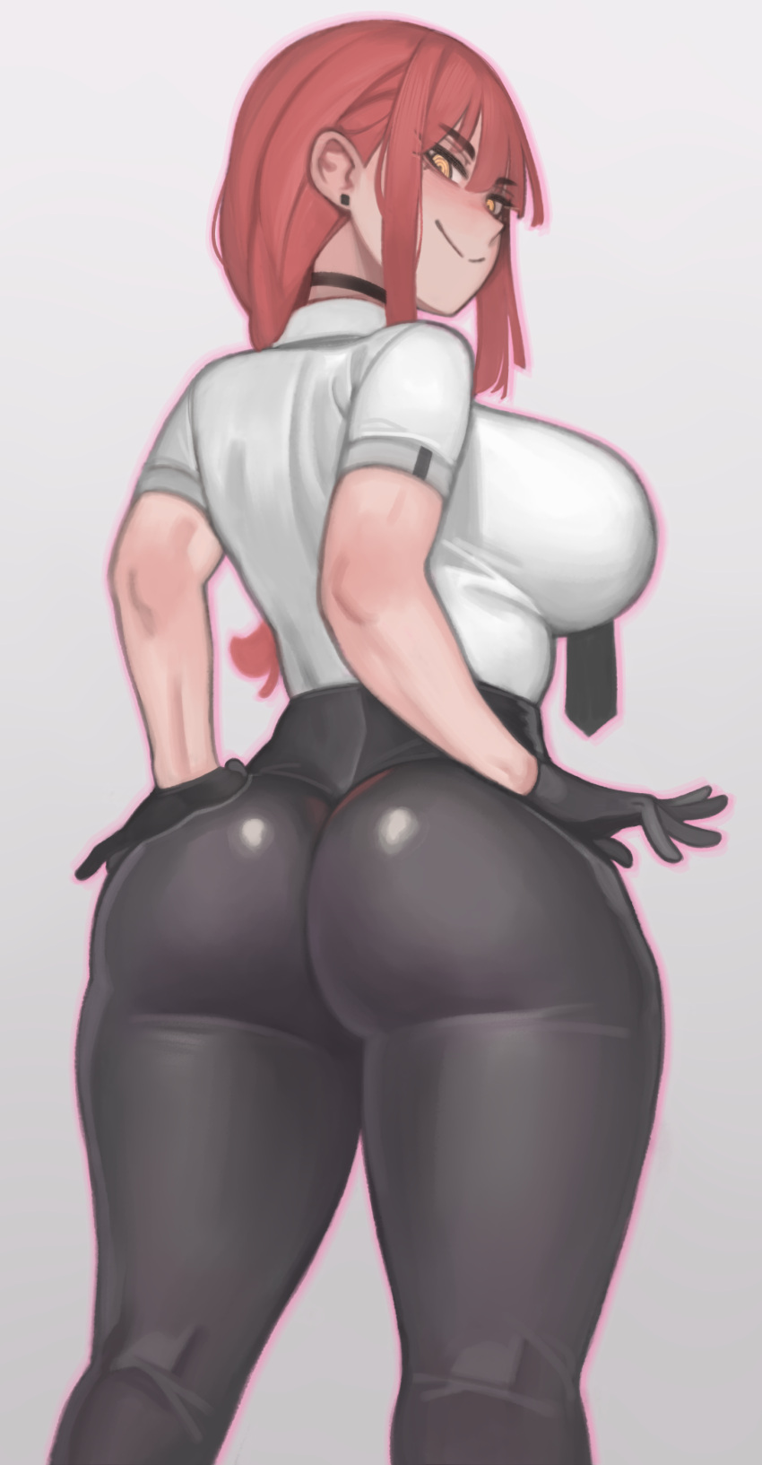 1girls ass ass_focus big_ass breasts chainsaw_man curvy dat_ass female kelvin_hiu large_ass large_breasts light-skinned_female light_skin long_hair makima_(chainsaw_man) mature_female mature_woman office_clothing pale-skinned_female pale_skin red_hair shirt_tucked_in smile thick_ass thick_thighs tucked_shirt wide_hips yellow_eyes