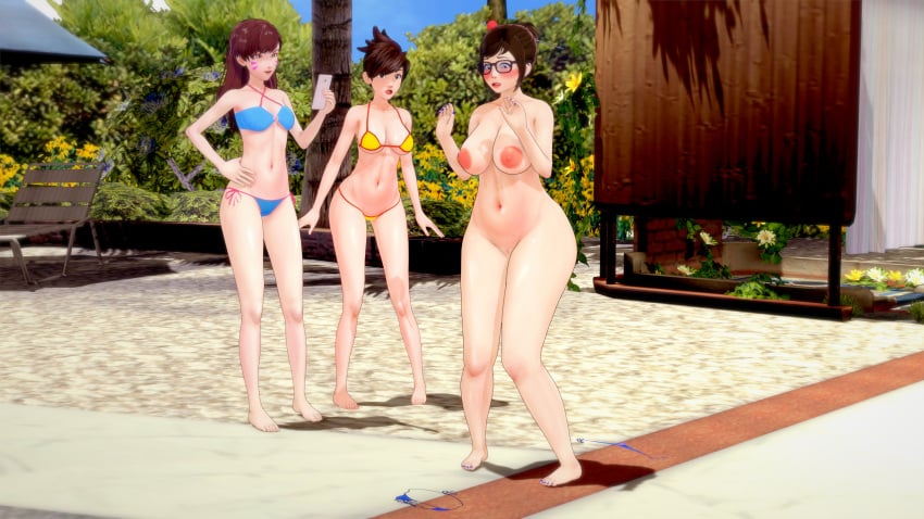 3d 3girls accidental_exposure barefoot beach bikini bikini_malfunction blue_bikini blush blushing brown_hair brunette cleavage clothed/nude clothed_female_nude_female clothed_on_nude completely_naked completely_naked_female completely_nude completely_nude_female d.va embarrassed_nude_female enf female female_only glasses hair_bun koikatsu long_hair mei_(overwatch) multiple_girls naked_female navel nipples nude nude_female only_one_naked overwatch public public_exposure public_humiliation public_indecency public_nudity pussy retropunch senftember senftember_(2023) short_hair thick_thighs tracer wardrobe_malfunction wrong_size yellow_bikini