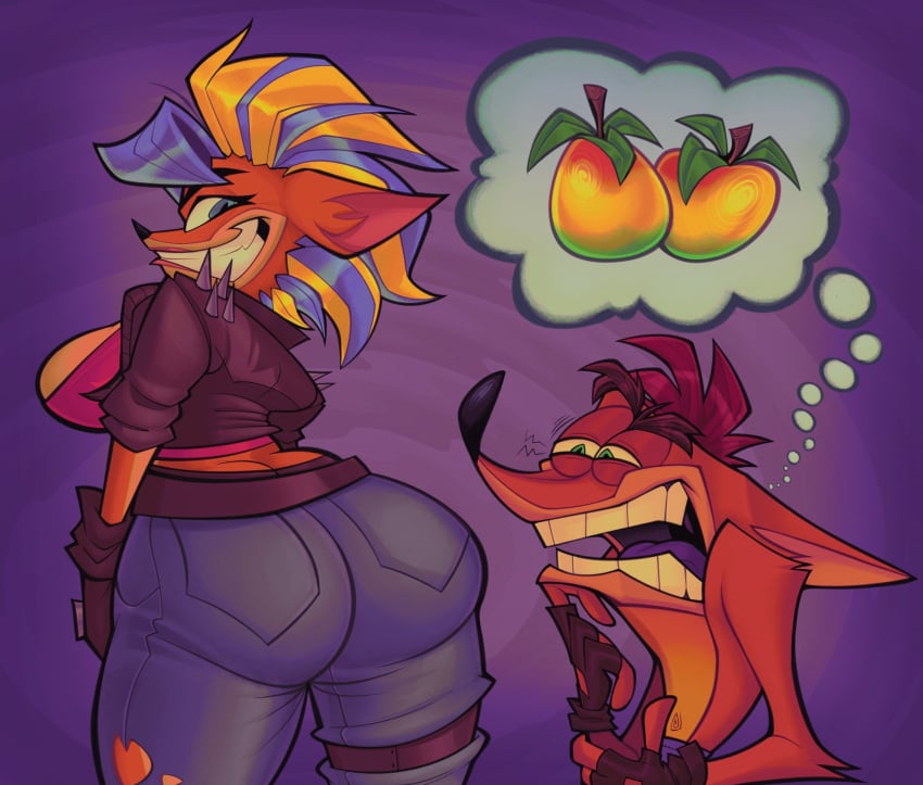 1boy 1boy1girl 1girls 4_fingers activision anthro ass ass_focus bandicoot big_ass big_breasts big_butt blonde_hair blue_eyes breasts bubble_ass bubble_butt cartoony crash_(series) crash_bandicoot crash_bandicoot_4:_it's_about_time female furry furry_female furry_male green_eyes huge_ass lipstick looking_at_viewer mrsnappyeagle smile smiling smiling_at_viewer speech_bubble tawna_bandicoot tawna_bandicoot_(crash_4) thick_thighs wumpa_fruit