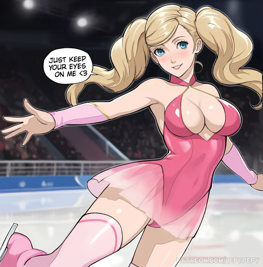 1girls ann_takamaki atlus black_socks blonde_hair blue_eyes breasts female ice_skating large_breasts leotard lepypepy light-skinned_female long_hair outdoors persona persona_5 skirt smile socks thigh_socks thighhighs twintails