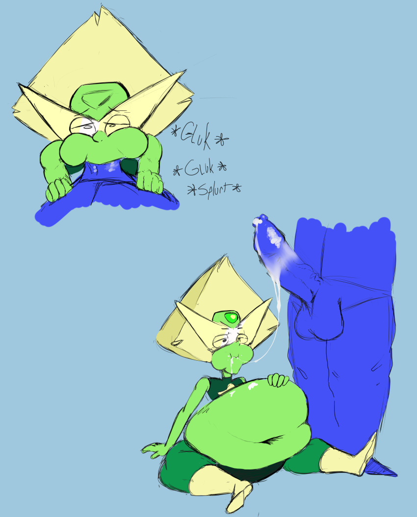 1boy 1girls 2021 belly belly_inflation big_belly blue_skin breasts clothed clothing cum cum_string cumflation erection faceless_male fellatio female green_skin huge_cock humanoid humanoid_penis inflation male mostly_clothed offscreen_character oral partial_male penis peridot_(steven_universe) sex shortstack sitting size_difference steven_universe zevix