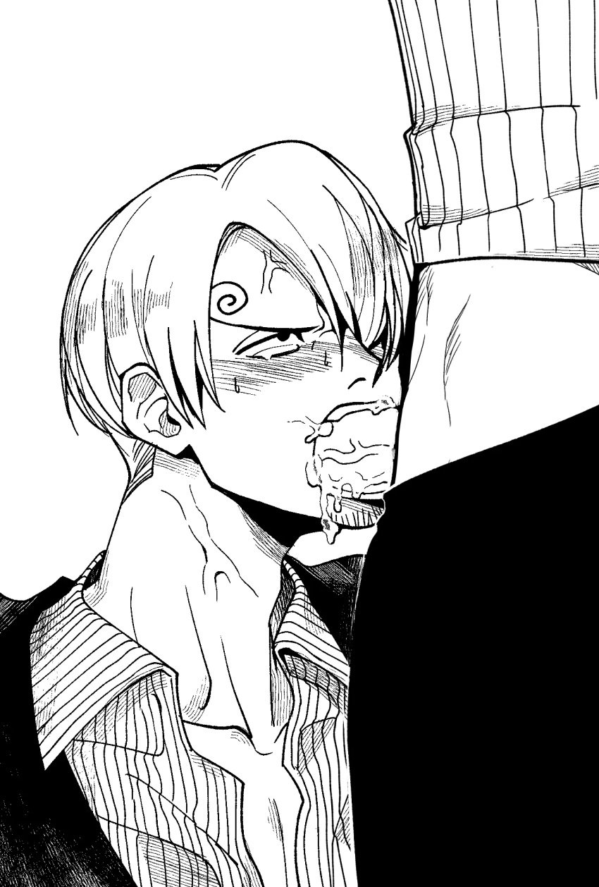 2boys annoyed blowjob blowjob_only blush cum_in_mouth cum_leaking face_closeup gay haramaki male male/male male_only one_piece oral_sex penis pre_timeskip roronoa_zoro sucking_off tears vinsmoke_sanji yaoi