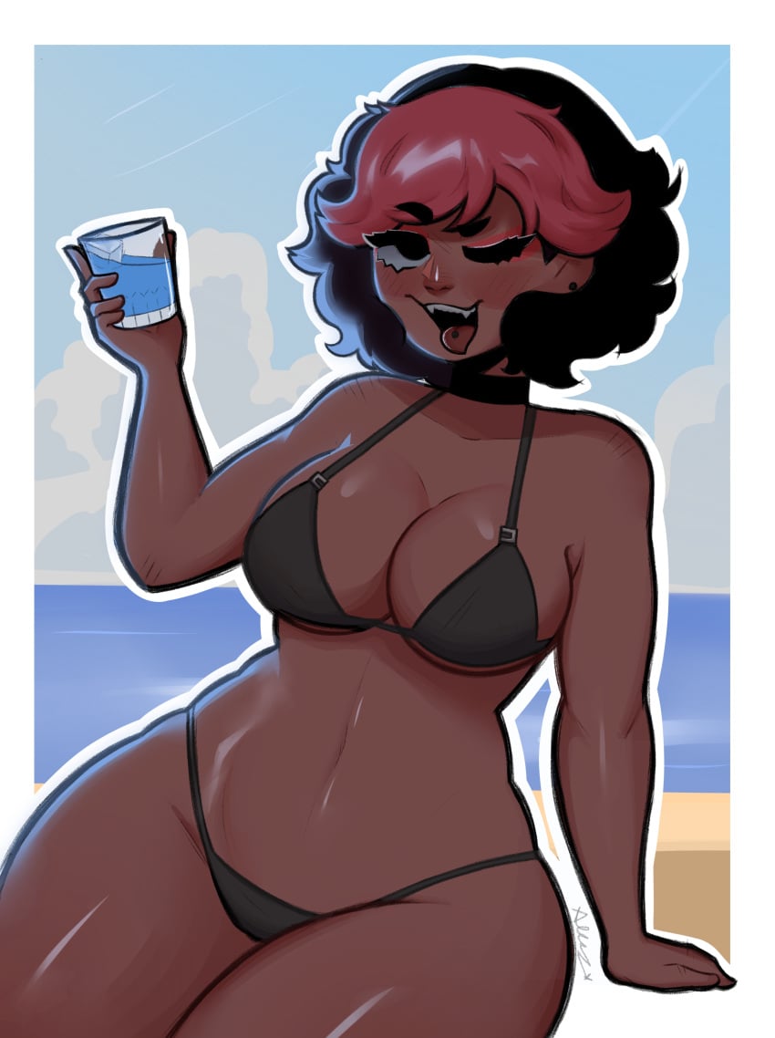 aleppi beach big_breasts bikini bikini_bottom bikini_top black_hair collar dark-skinned_female drink female_only oc open_mouth original original_character red_hair thick_ass thick_thighs tongue two_tone_hair