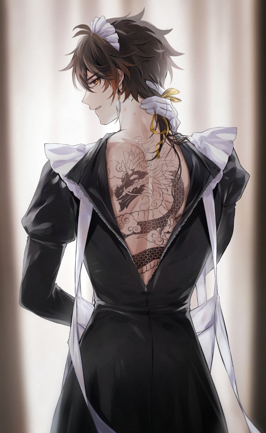 1boy back_tattoo crossdressing crossdressing_male eastern_dragon femboy gay genshin_impact godwkgodwk hickeys irezumi looking_at_viewer maid maid_headdress maid_outfit maid_uniform male manly_crossdresser mob_hwan solo solo_male unzipped yaoi zhongli_(genshin_impact)